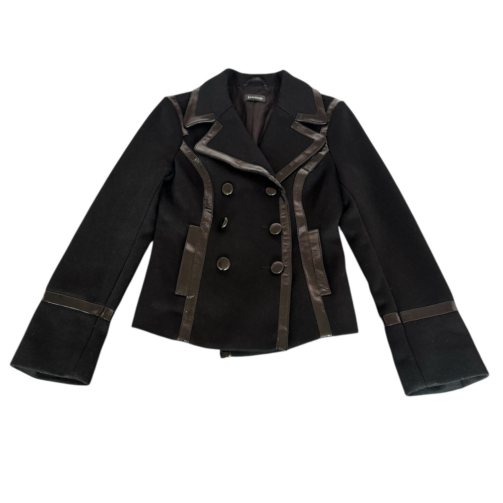 Bebe Women’s Black Double Breasted Peacoat Jacket with Leather Trim SZ S Wool